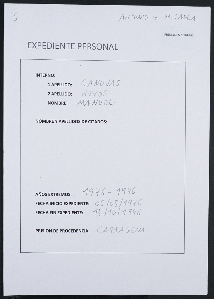 Expediente personal del recluso Manuel Cánovas Hoyos.