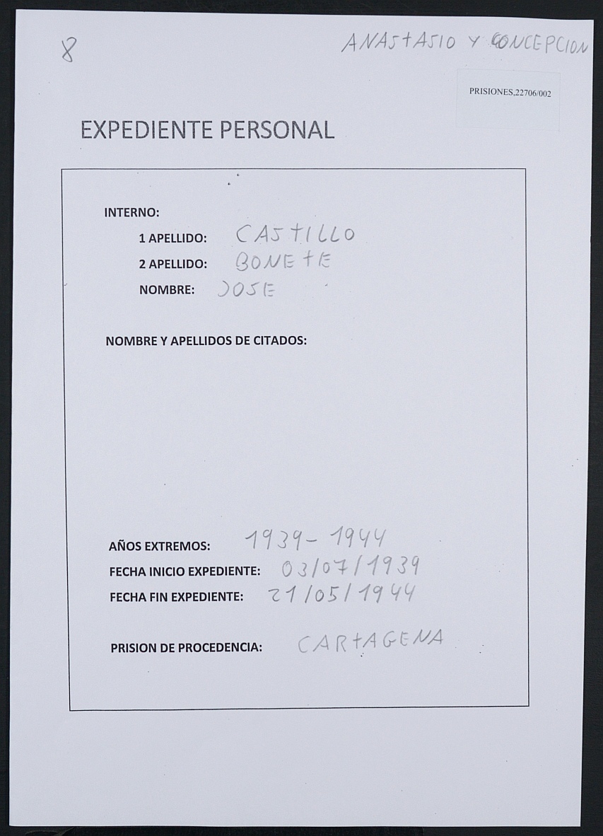Expediente personal del recluso José Castillo Bonete.