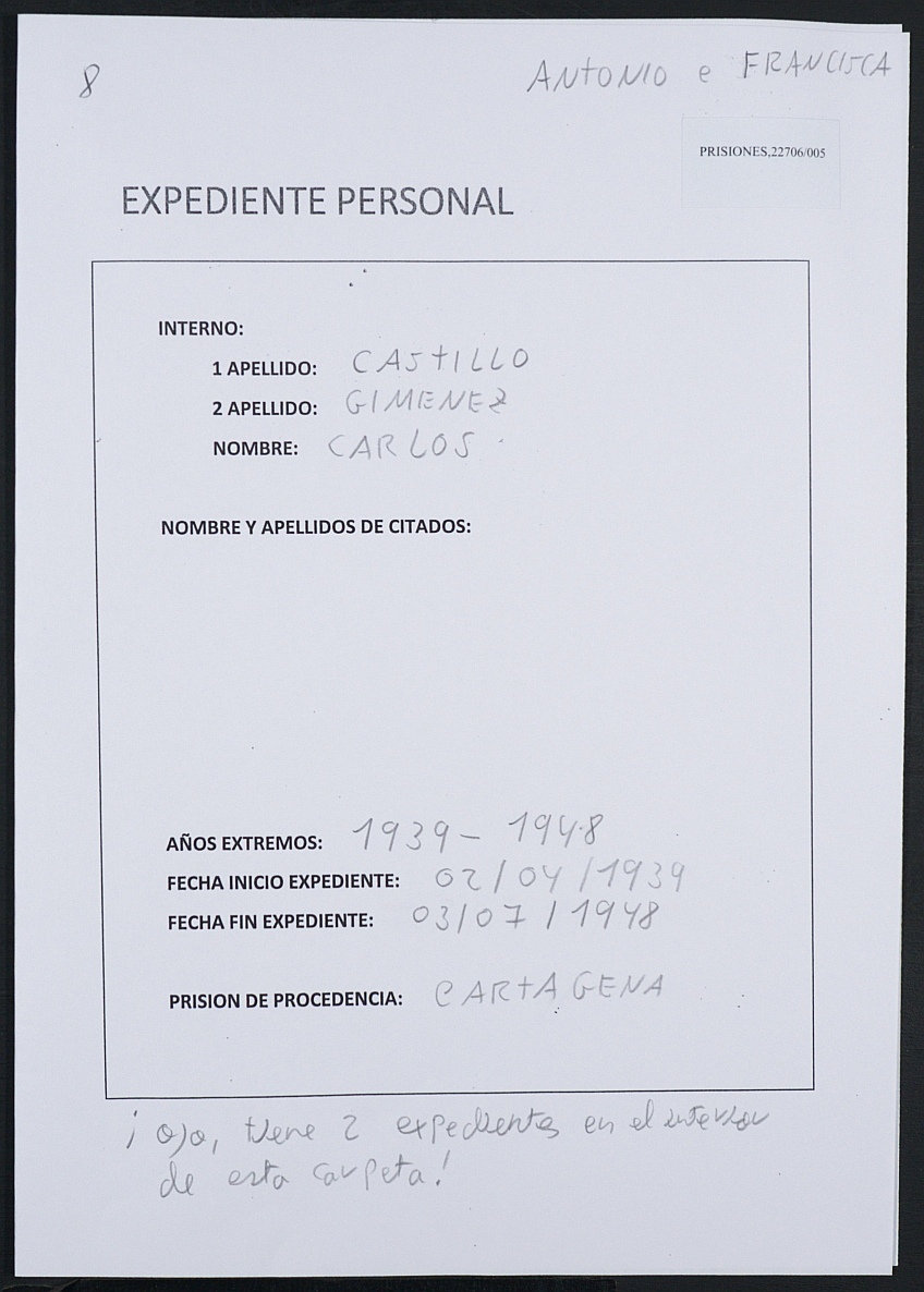 Expediente personal del recluso Francisco Castillo Lozas.