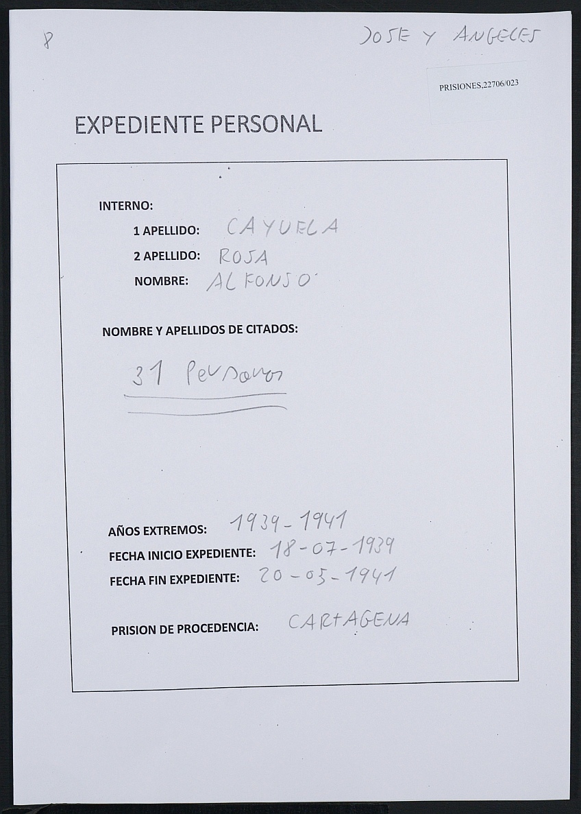 Expediente personal del recluso Alfonso Cayuela Rosa.
