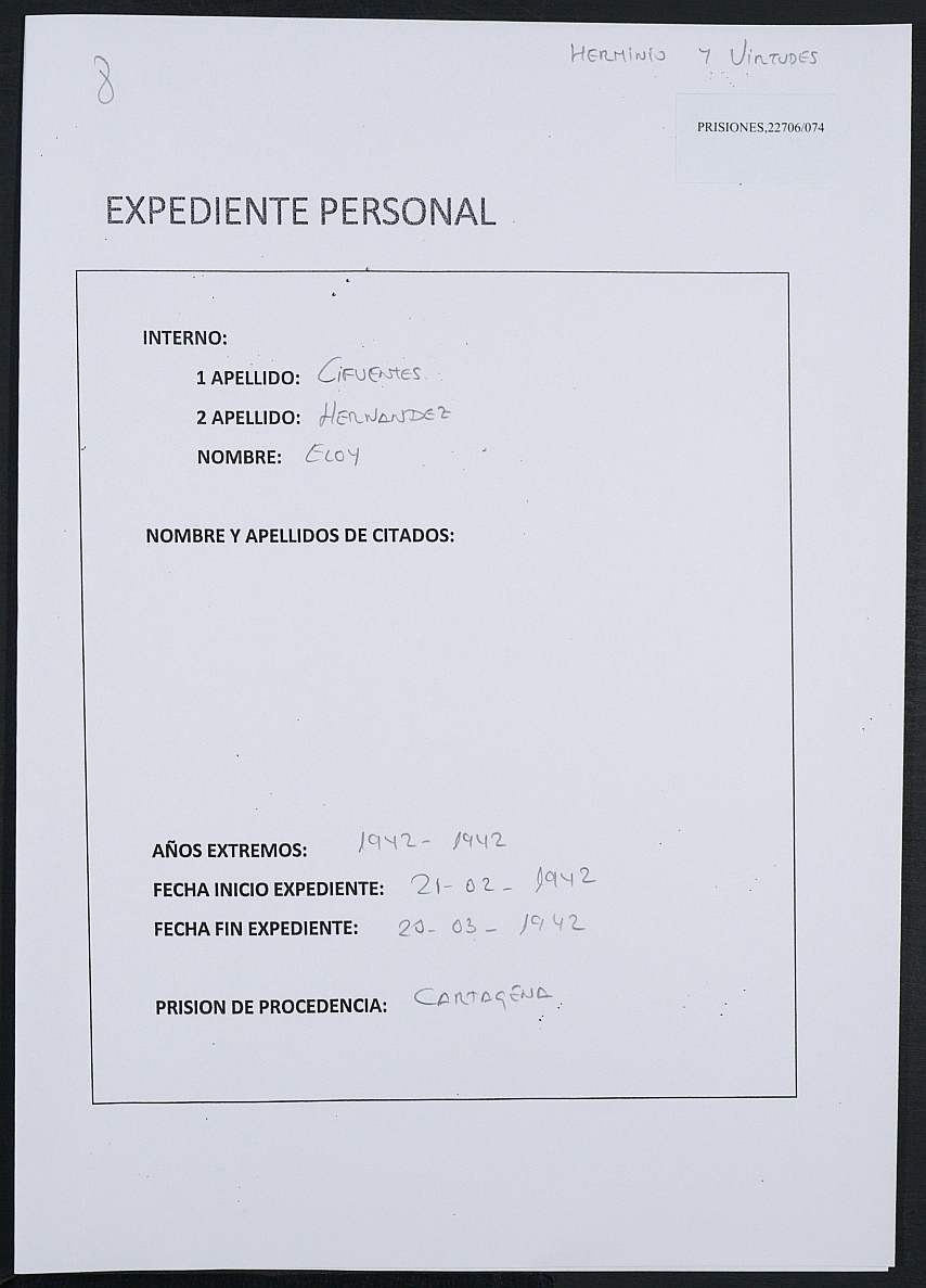 Expediente personal del recluso Eloy Cifuentes Hernández.