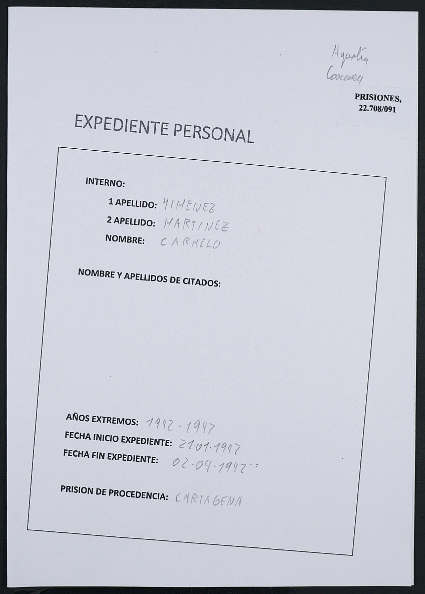 Expediente personal del recluso Carmelo Jiménez Martínez.