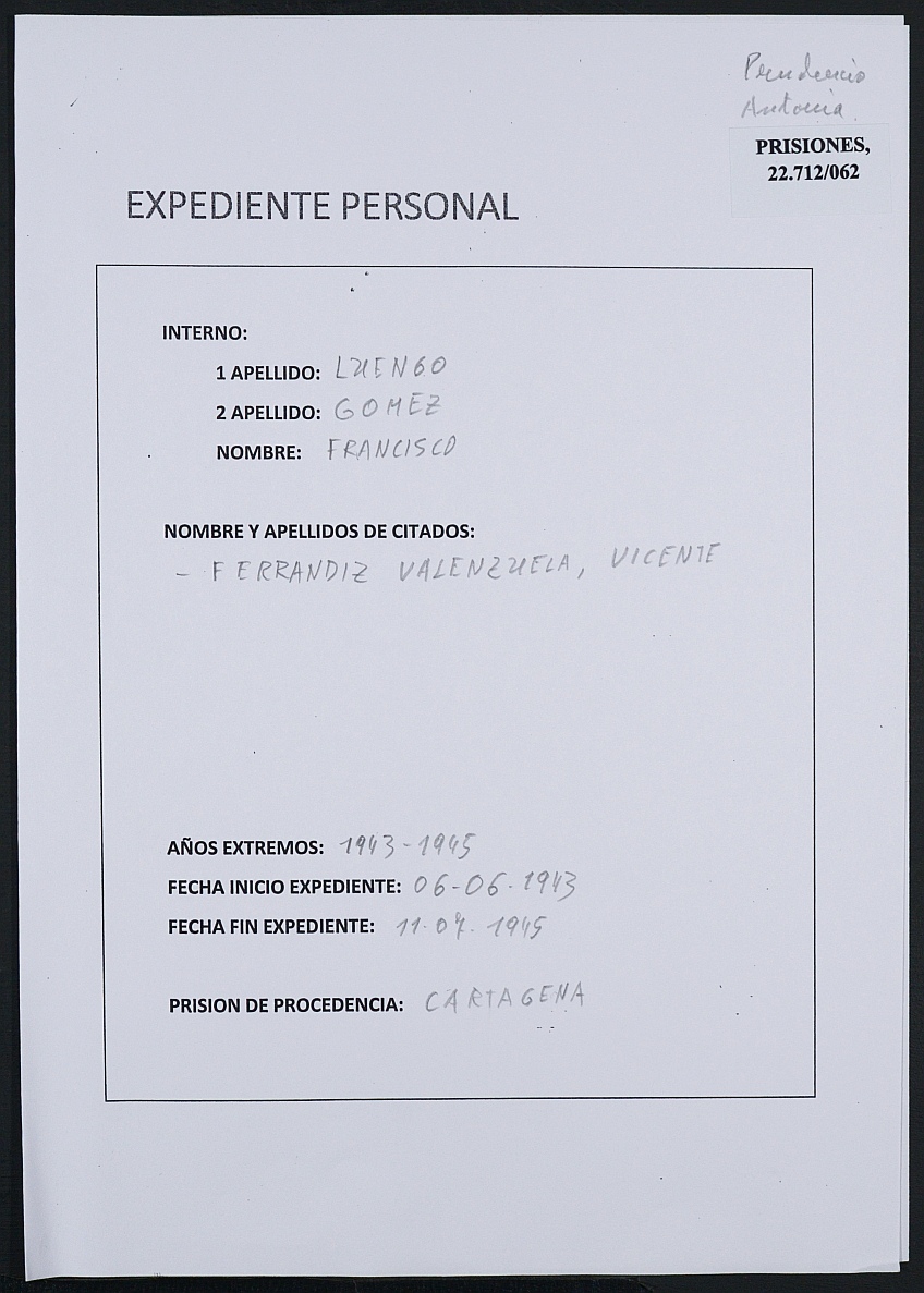 Expediente personal del recluso Francisco Luengo Gómez.
