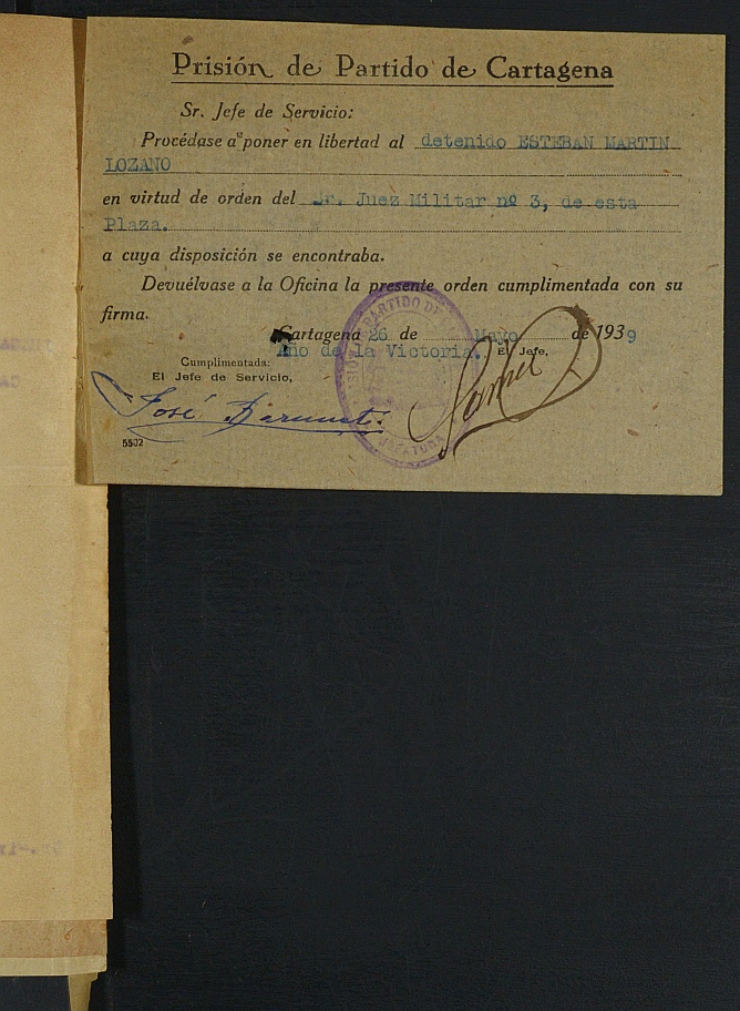 Expediente personal del recluso Esteban Martín Lozano.