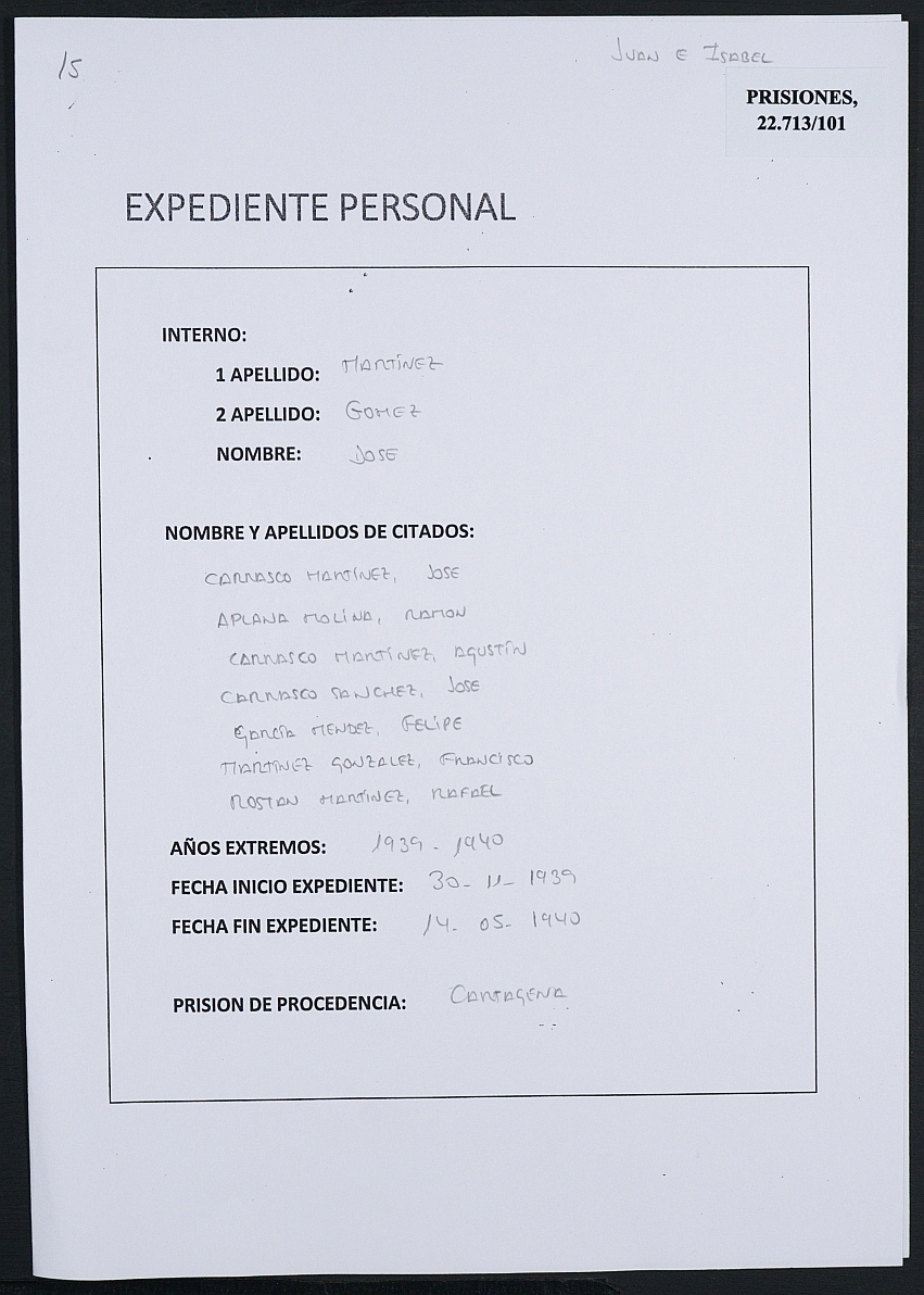 Expediente personal del recluso José Martínez Gómez.