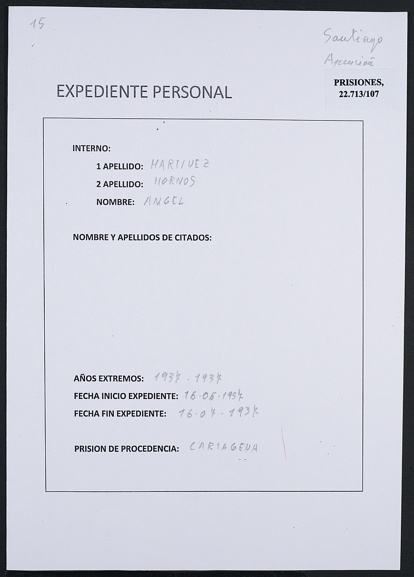 Expediente personal del recluso Ángel Martínez Hornos.