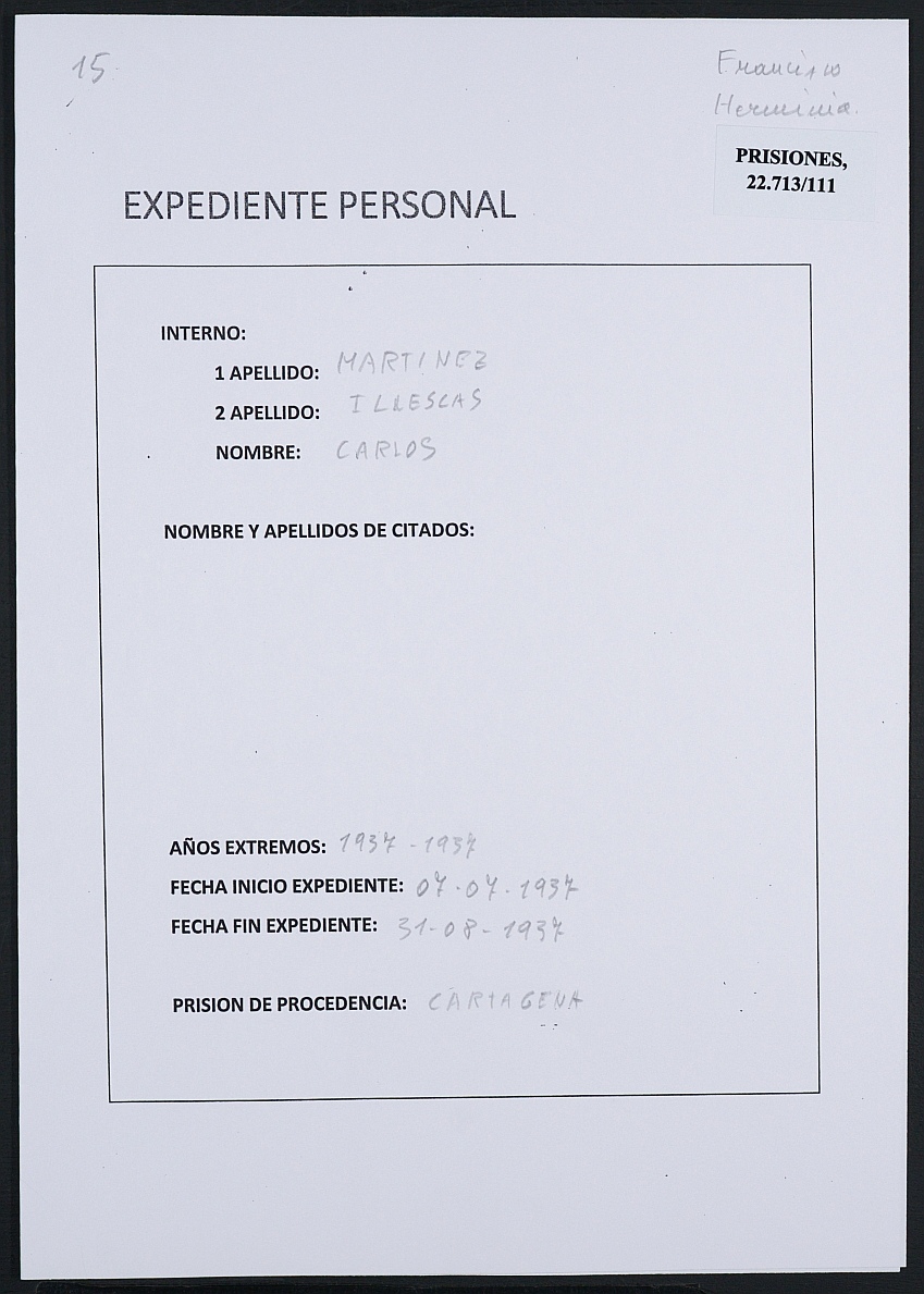 Expediente personal del recluso Carlos Martínez Illescas.
