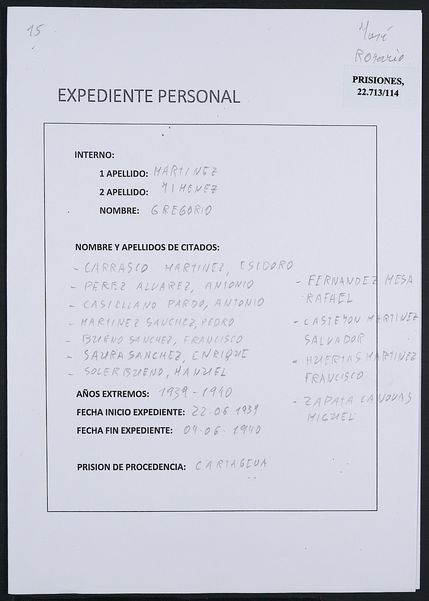 Expediente personal del recluso Gregorio Martínez Jiménez.