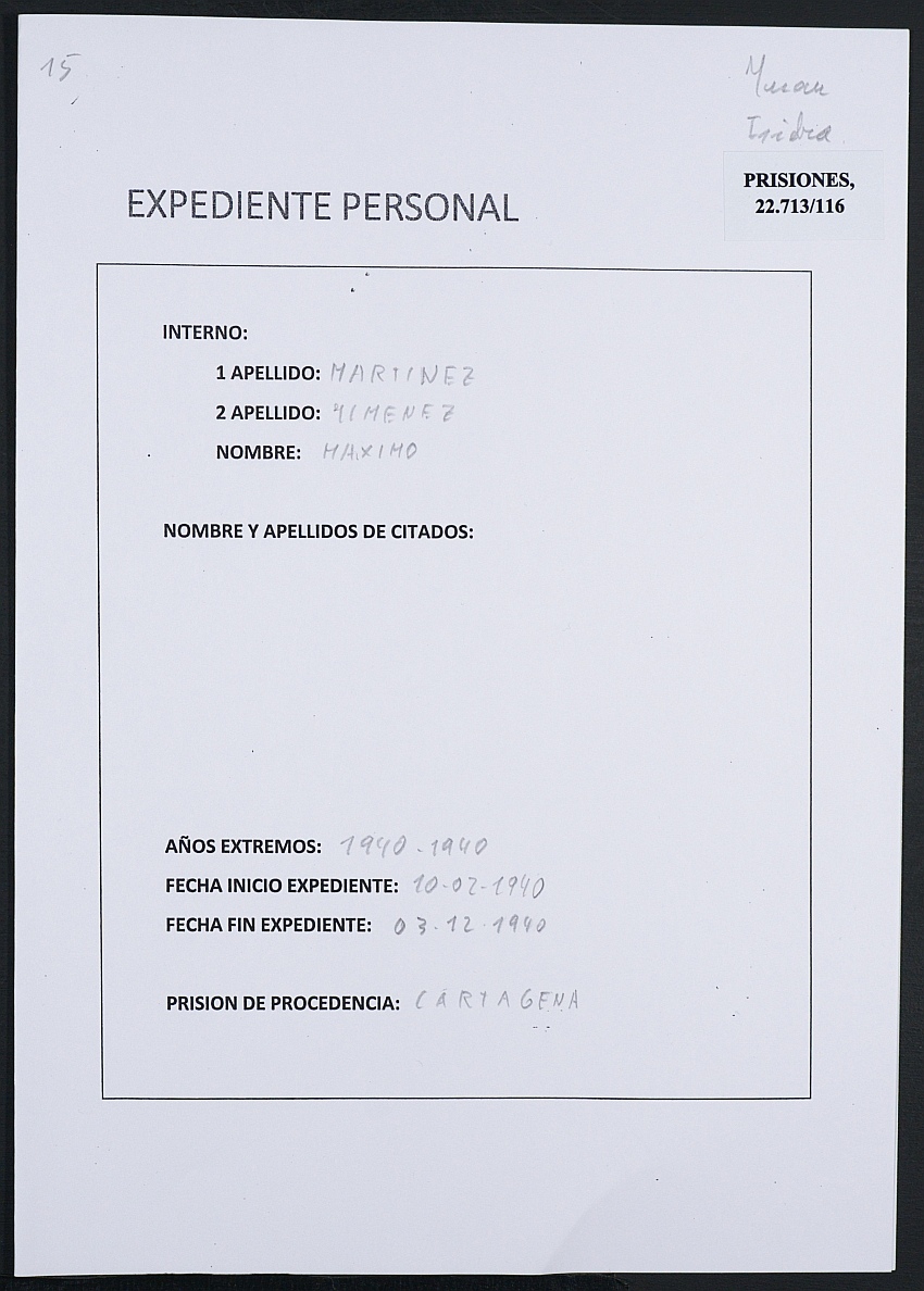 Expediente personal del recluso Máximo Martínez Jiménez.