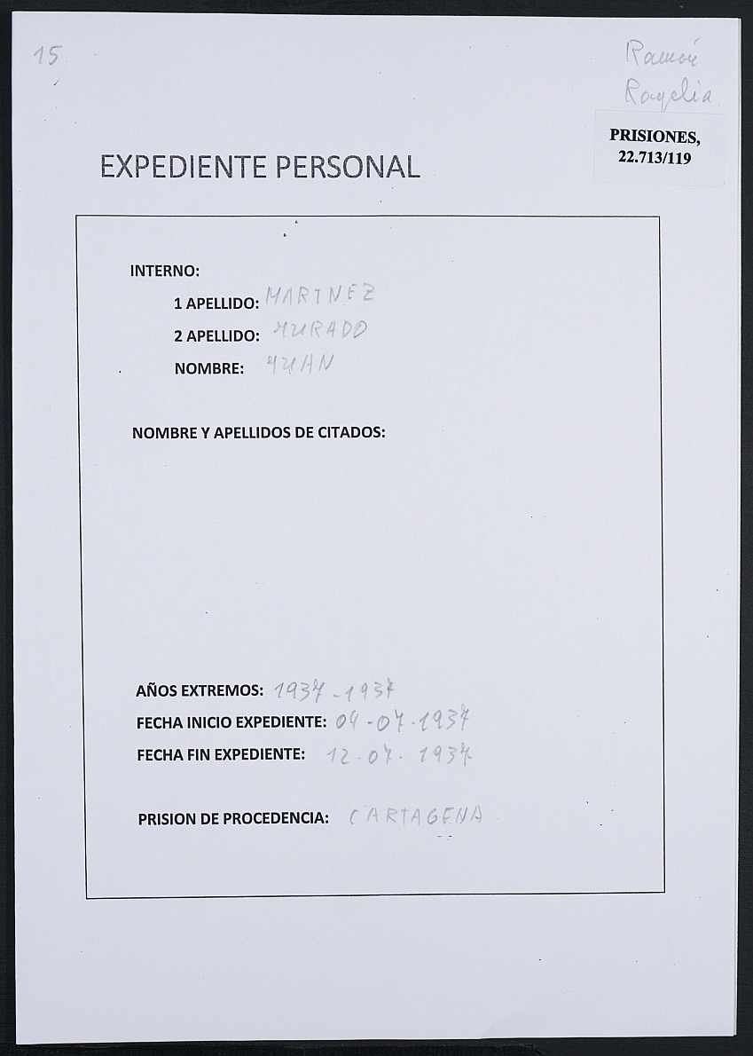 Expediente personal del recluso Juan Martínez Jurado.
