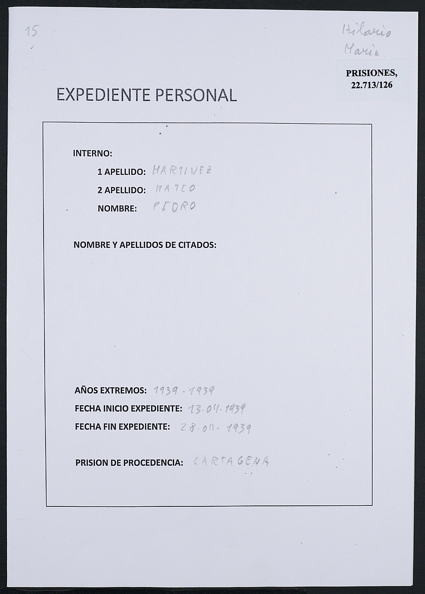 Expediente personal del recluso Pedro Martínez Mateo.