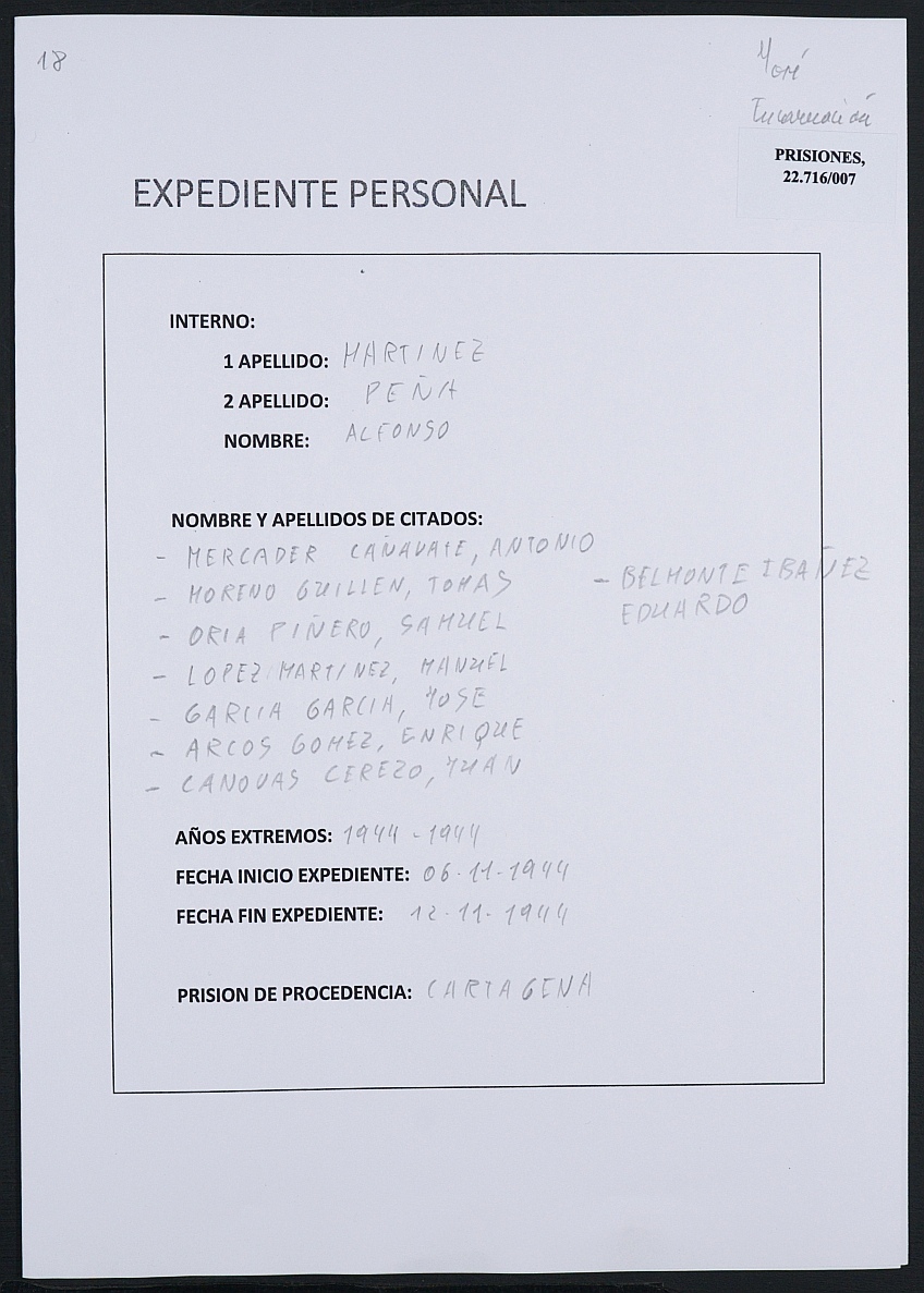Expediente personal del recluso Alfonso Martínez Peña.