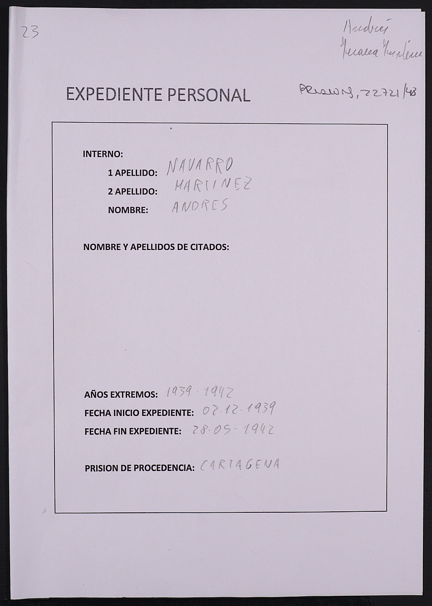 Expediente personal del recluso Andrés Navarro Martínez.