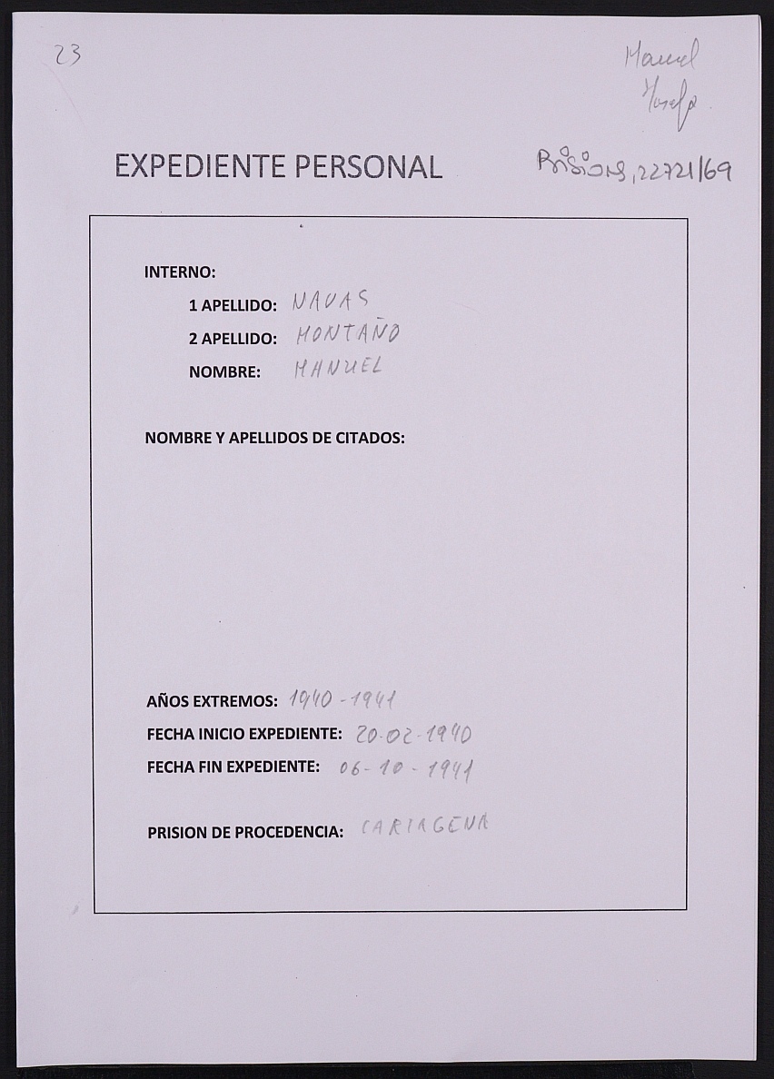 Expediente personal del recluso Manuel Navas Montaño.