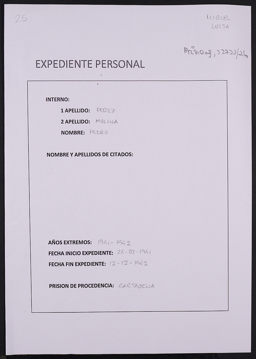 Expediente personal del recluso Pedro Pérez Molina.