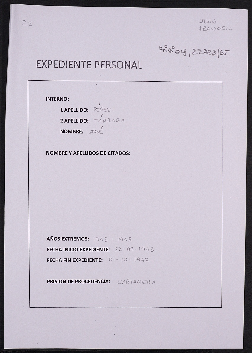 Expediente personal del recluso José Pérez Tárraga.
