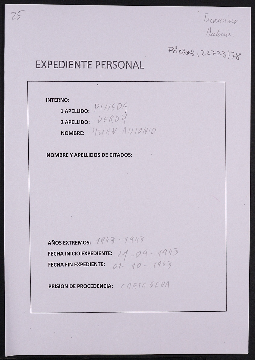 Expediente personal del recluso Juan Antonio Pineda Verdu.