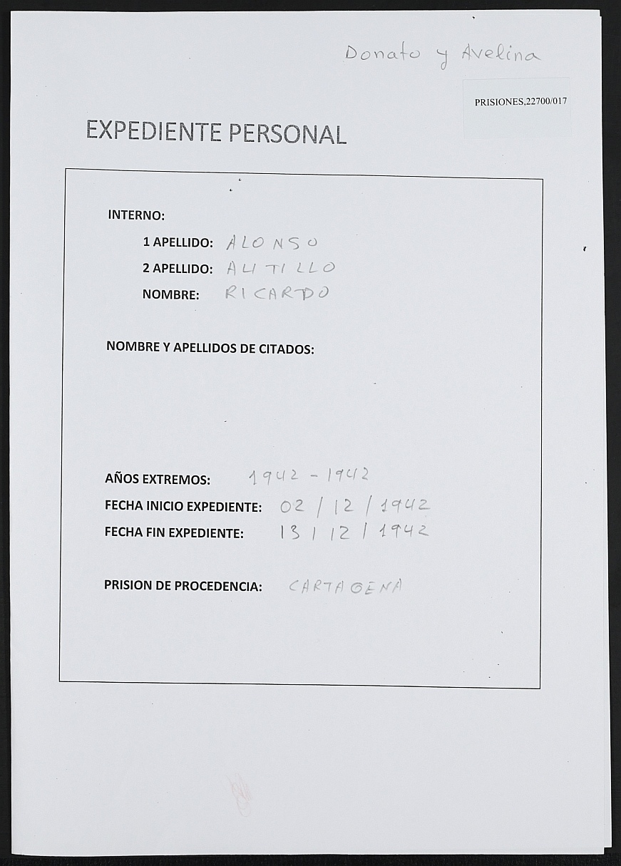 Expediente personal del recluso Ricardo Alonso Autillo.