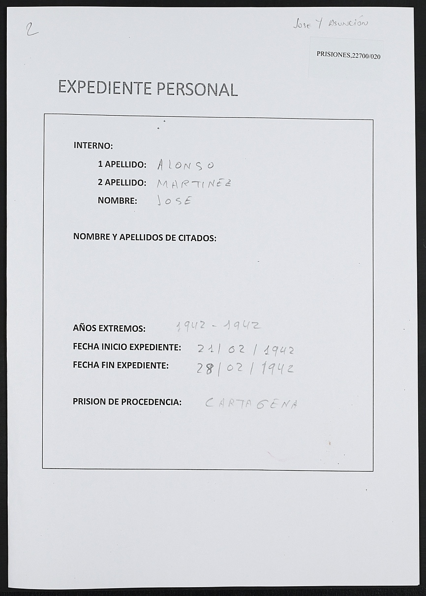Expediente personal del recluso José Alonso Martínez.