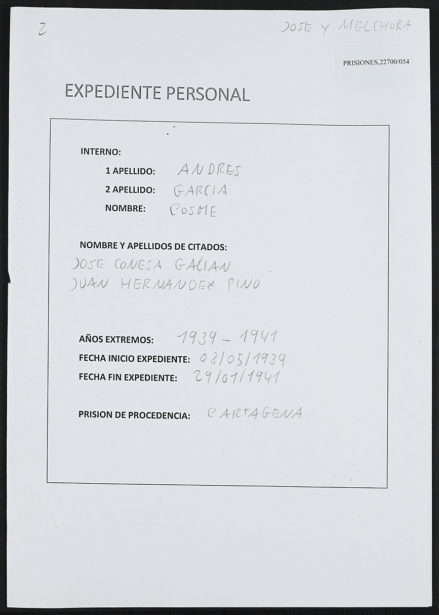 Expediente personal del reclusoCosme Andrés García .