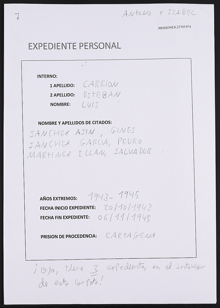 Expediente personal del recluso Luis Carrión Esteban.