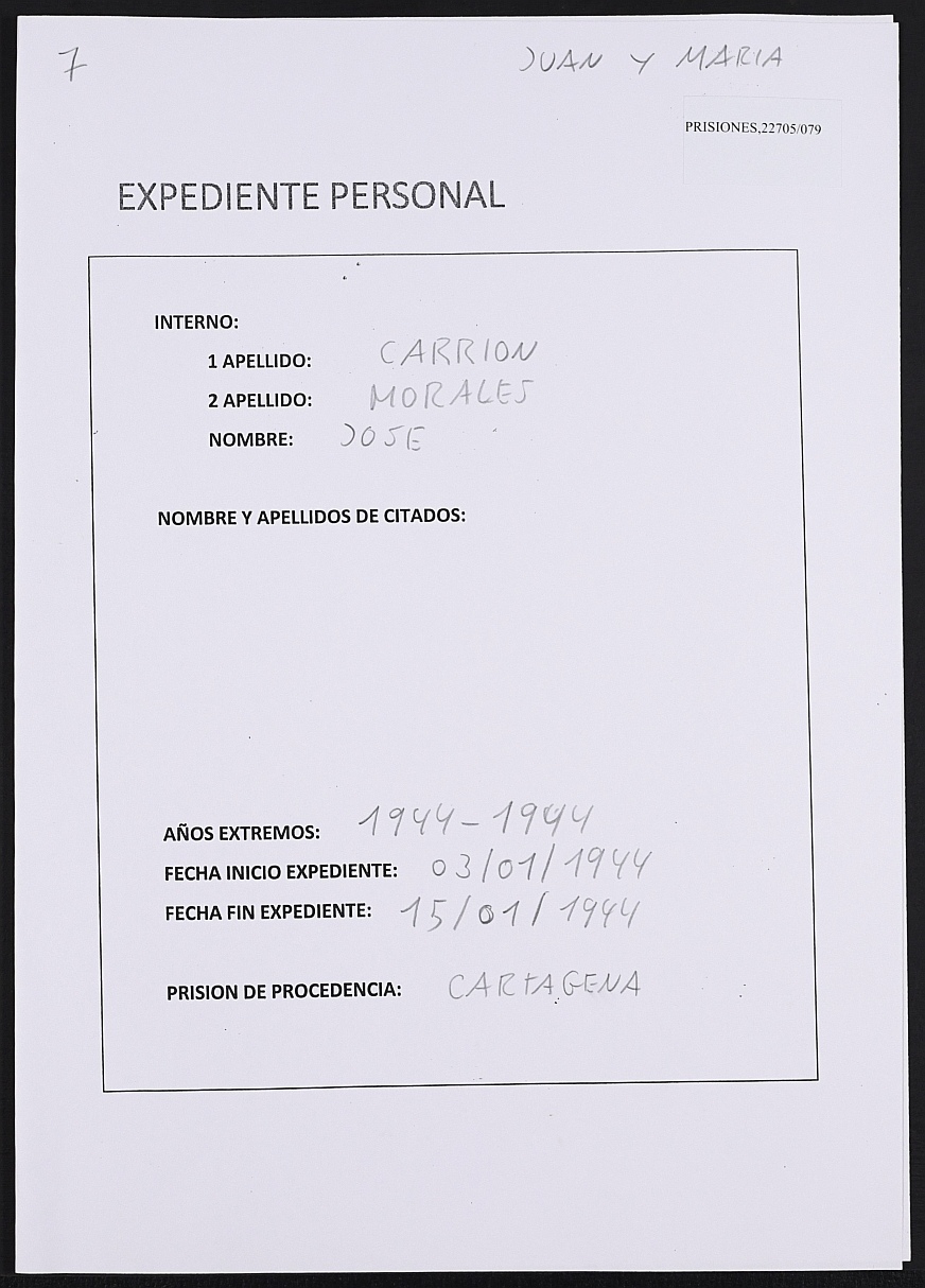 Expediente personal del recluso José Carrión Morales.