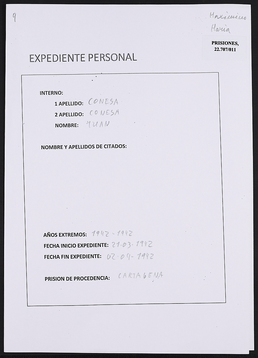 Expediente personal del recluso Juan Conesa Conesa.