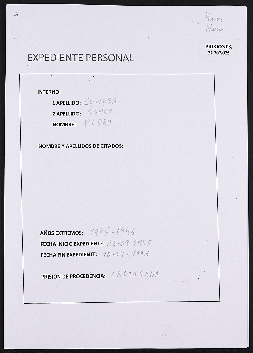 Expediente personal del recluso Pedro Conesa Gómez.
