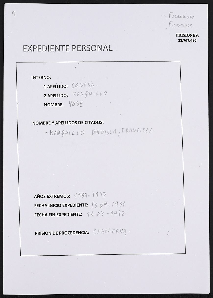Expediente personal del recluso José Conesa Ronquillo.
