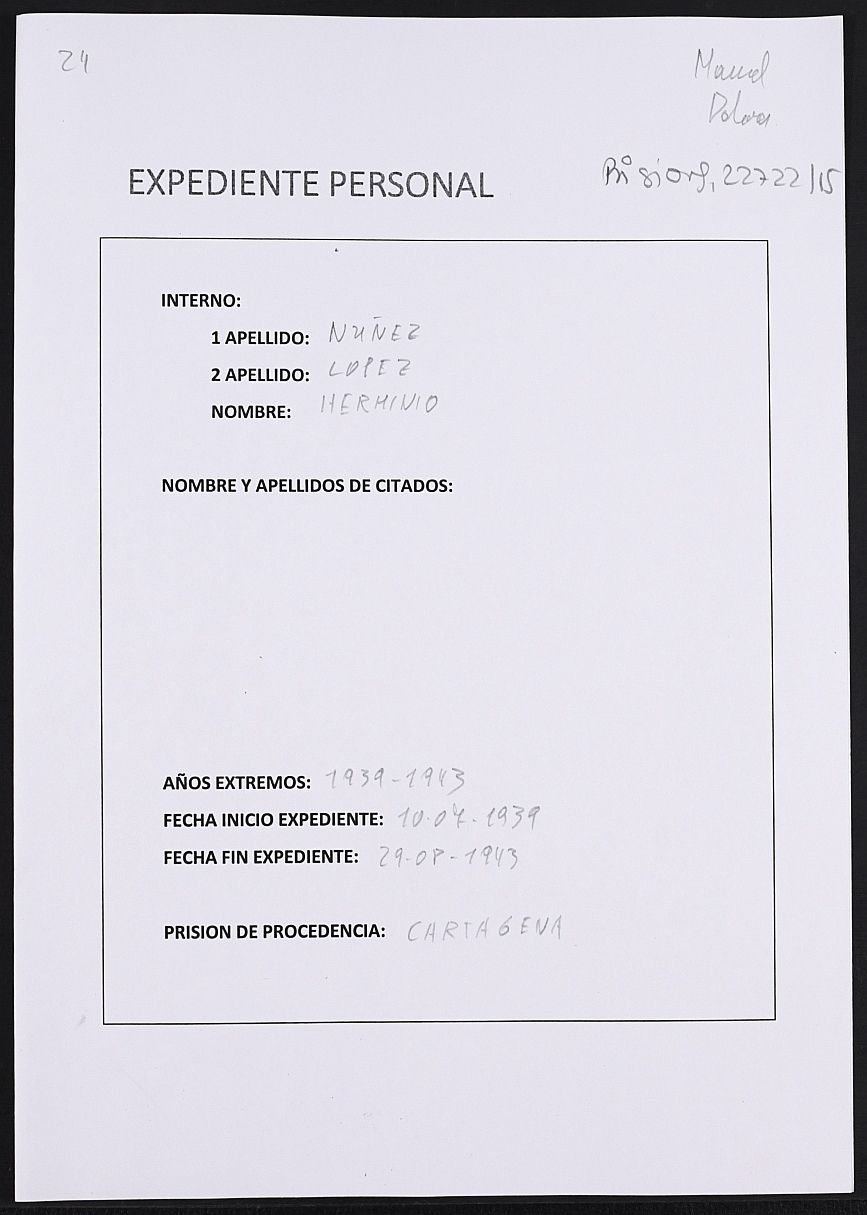Expediente personal del recluso Herminio Núñez López.