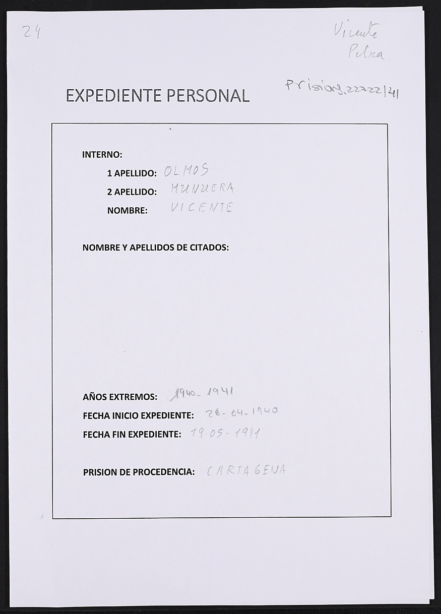 Expediente personal del recluso Vicente Olmos Munuera.