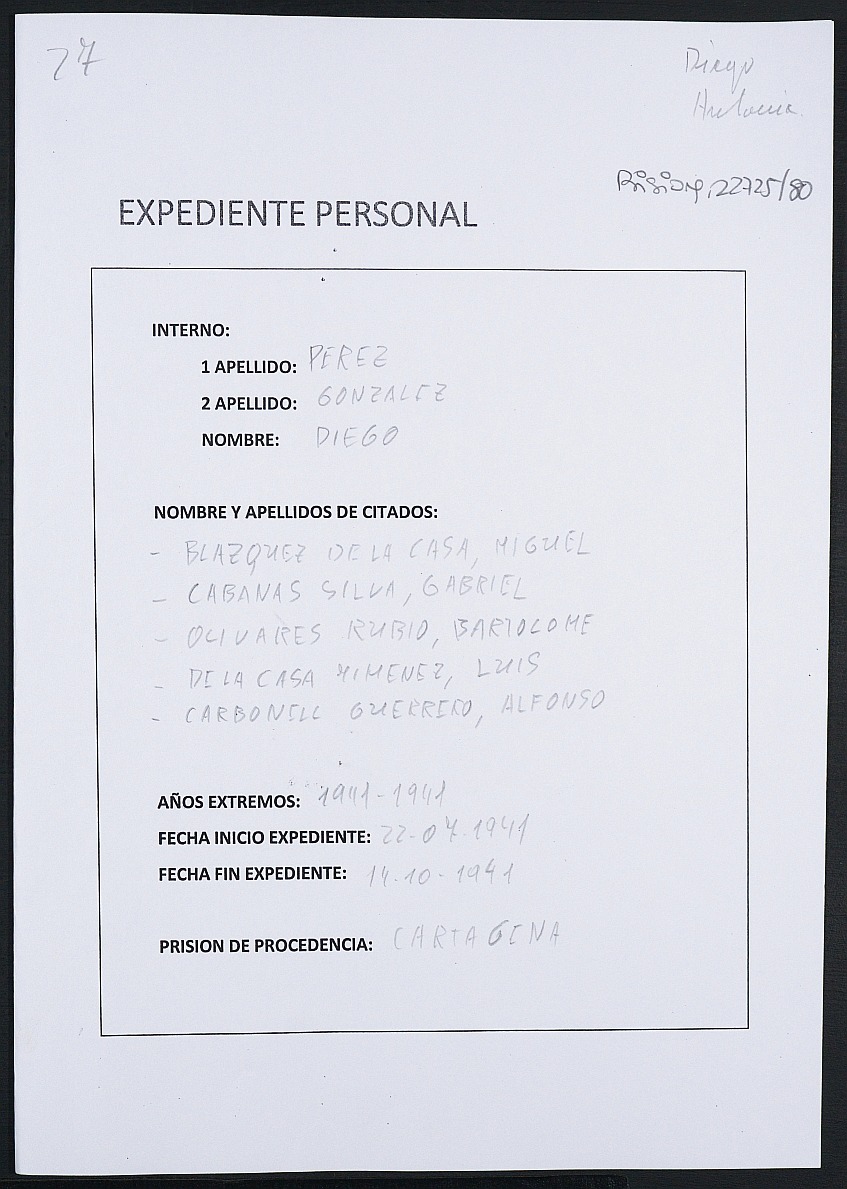 Expediente personal del recluso Diego Pérez González.