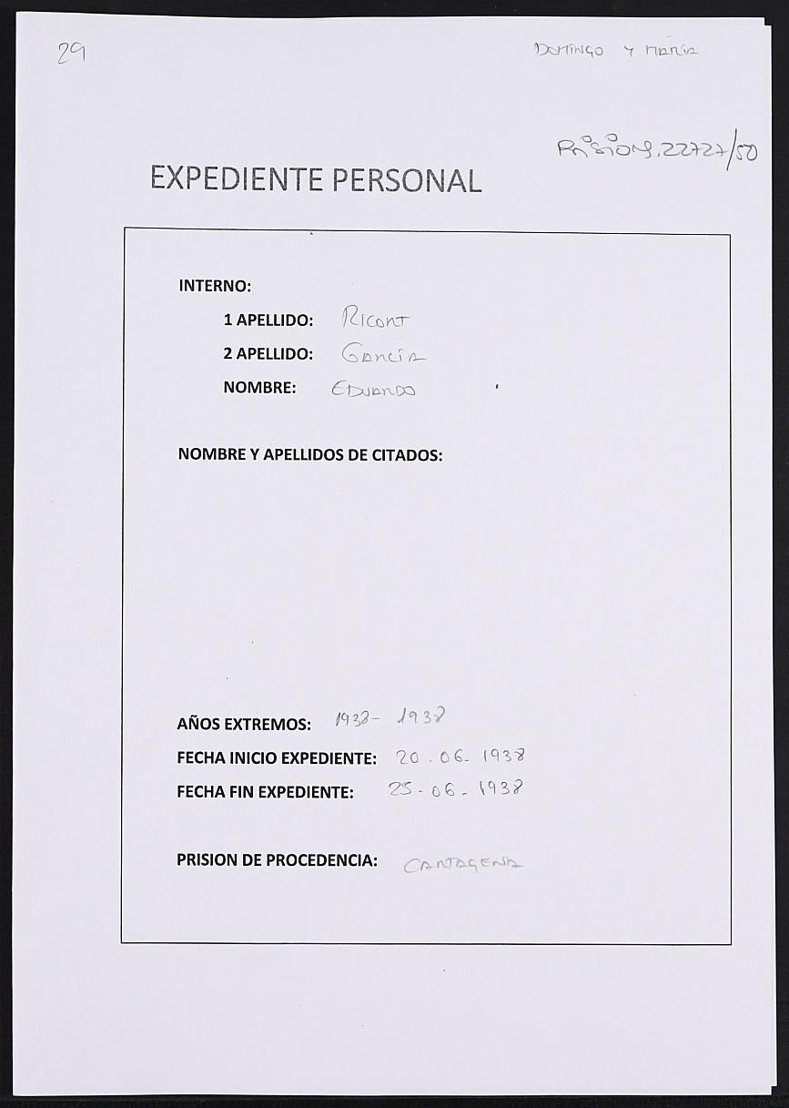 Expediente personal del recluso Eduardo Ricort García.