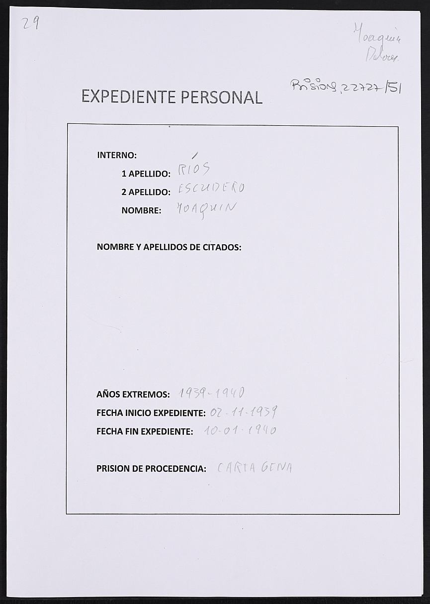Expediente personal del recluso Joaquín Ríos Escudero.