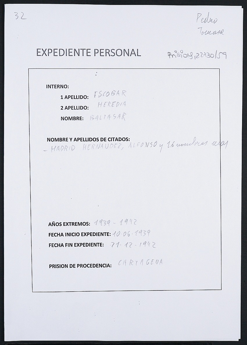 Expediente personal del recluso Baltasar Escobar Heredia.