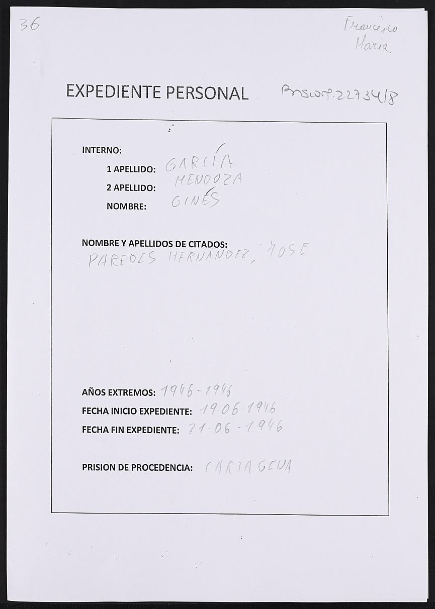 Expediente personal del recluso Ginés García Mendoza.
