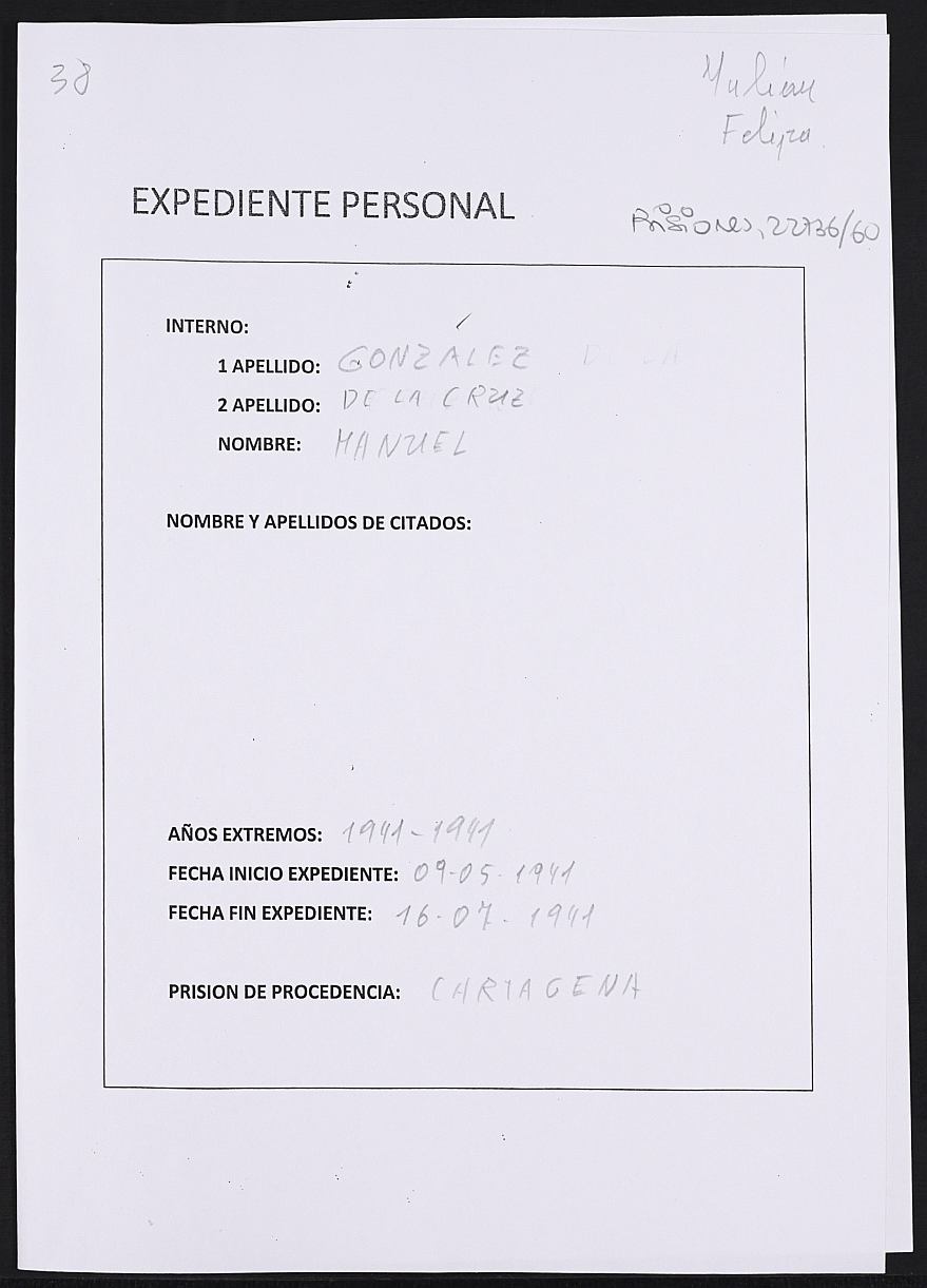 Expediente personal del recluso Manuel González de La Cruz.