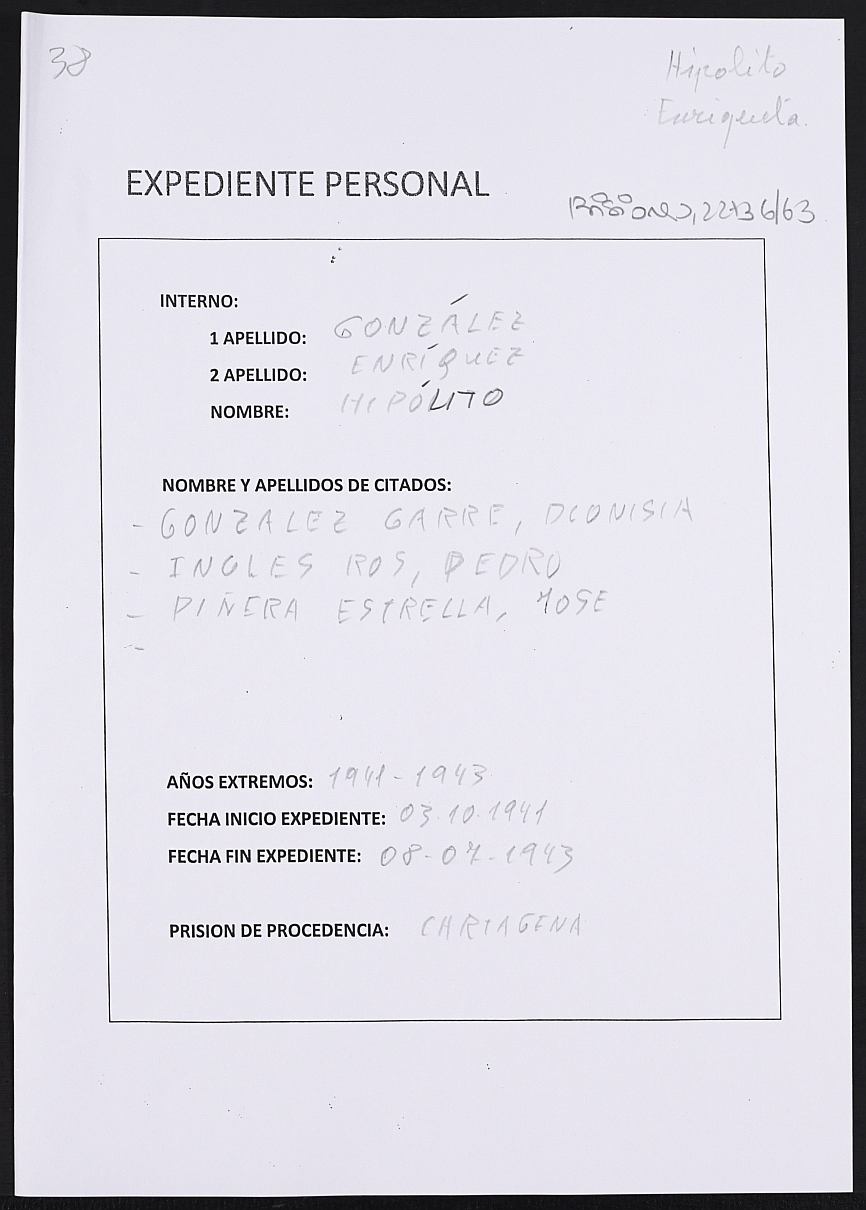 Expediente personal del recluso Hipólito González Enríquez.