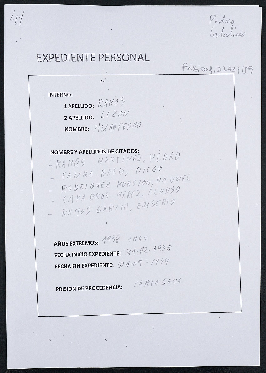 Expediente personal del recluso Juan Pedro Ramos Lizón.