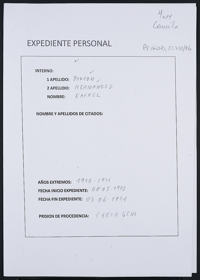 Expediente personal del recluso Rafael Rincón Hernández.