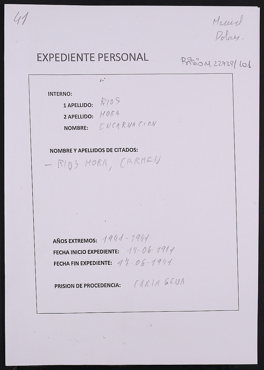 Expediente personal de la reclusa Encarnación Ríos Mora.