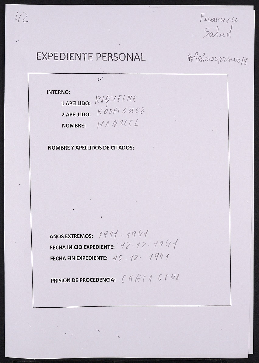 Expediente personal del recluso Manuel Riquelme Rodríguez.