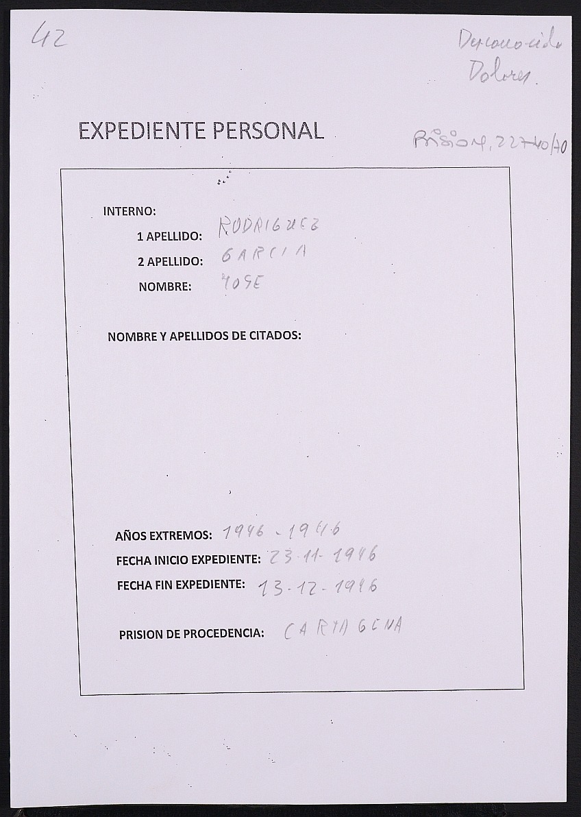 Expediente personal del recluso José Rodríguez García.