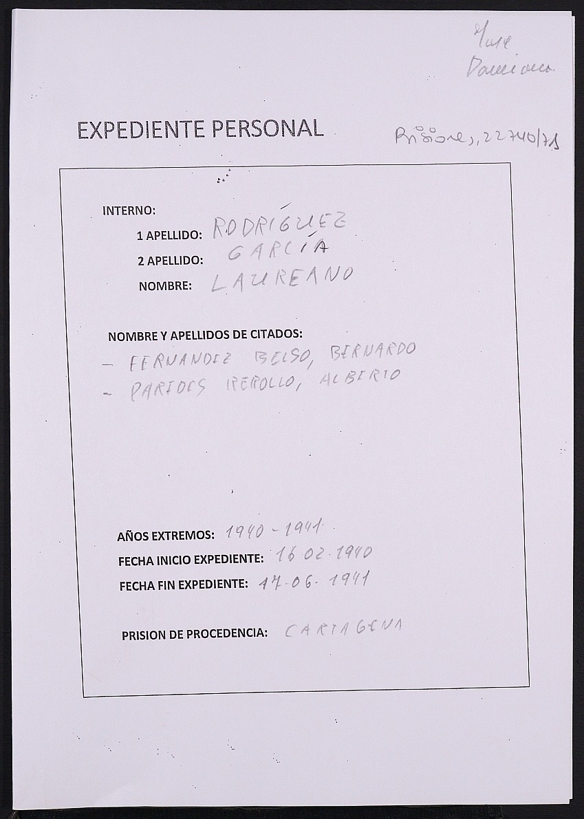Expediente personal del recluso Laureano Rodríguez García.