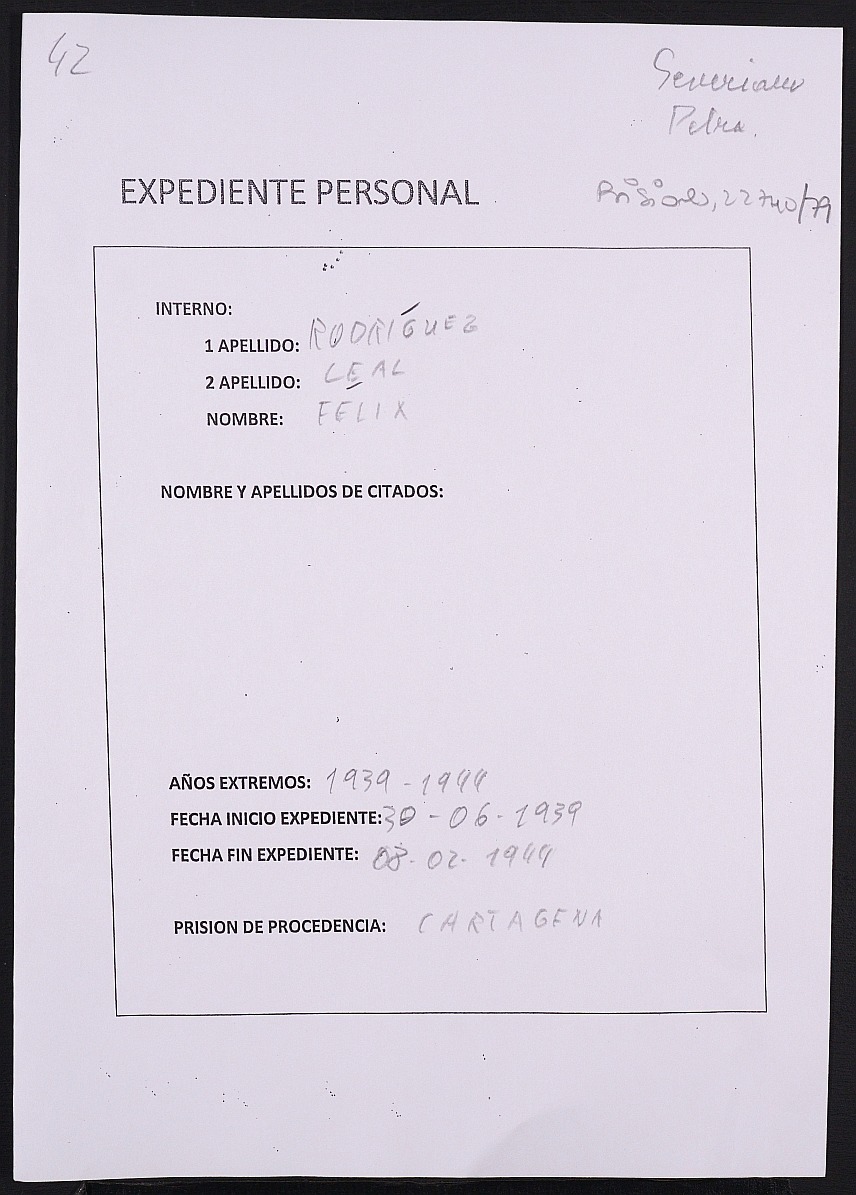 Expediente personal del recluso Félix Rodríguez Leal.