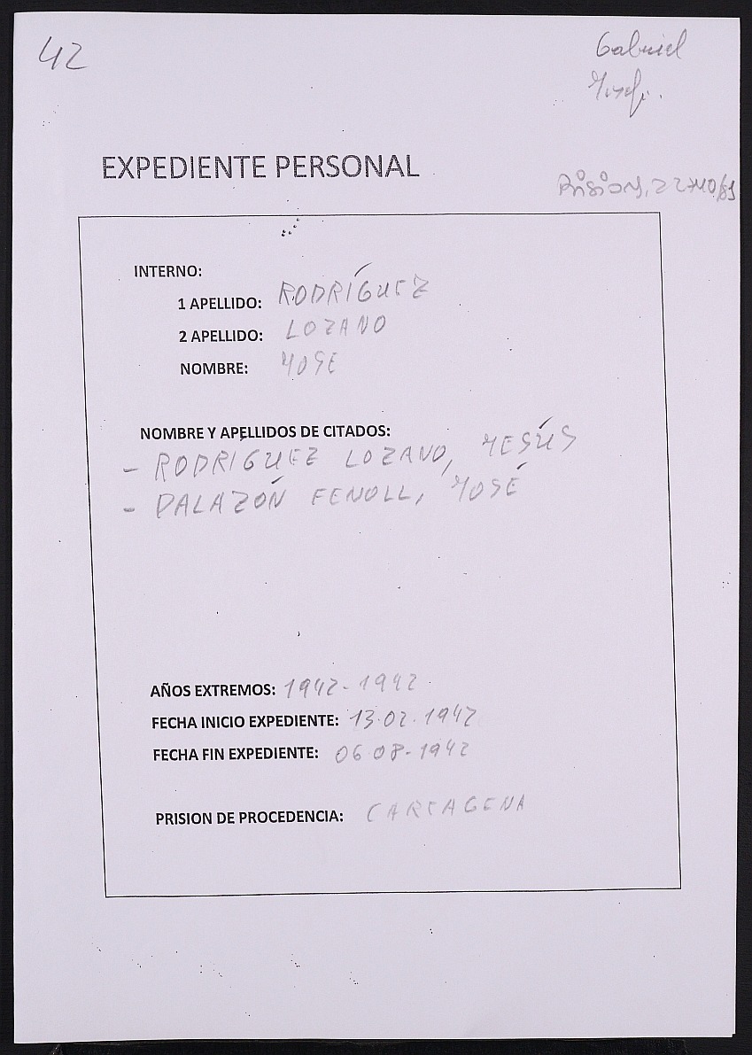 Expediente personal del recluso José Rodríguez Lozano.