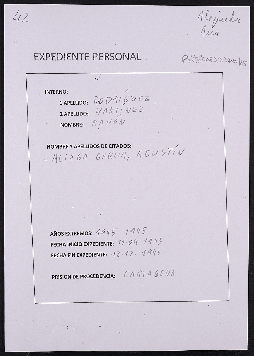 Expediente personal del recluso Ramón Rodríguez Martínez.