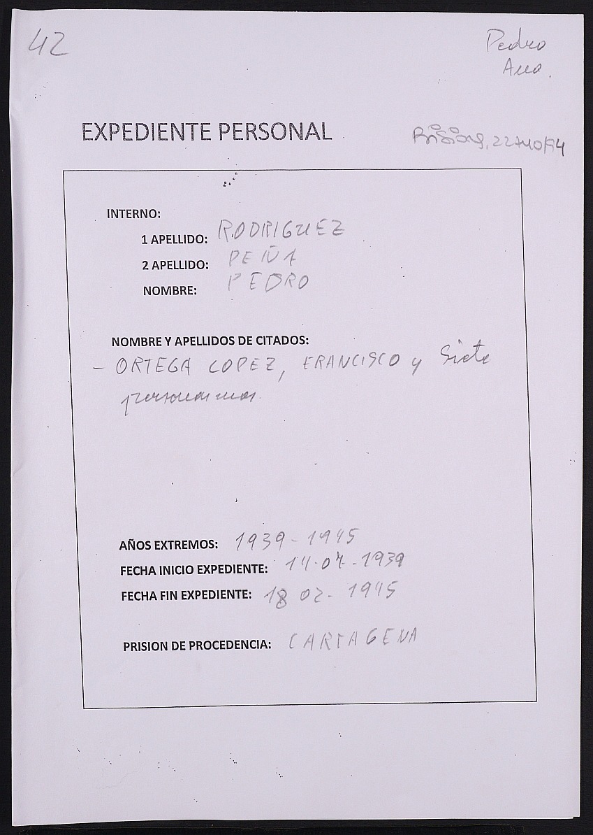 Expediente personal del recluso Pedro Rodríguez Peña.