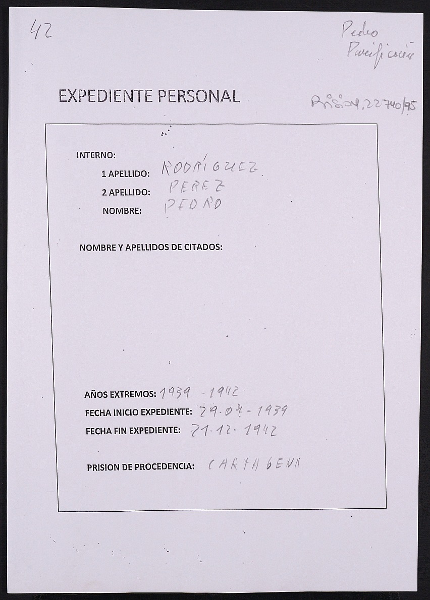 Expediente personal del recluso Pedro Rodríguez Pérez.