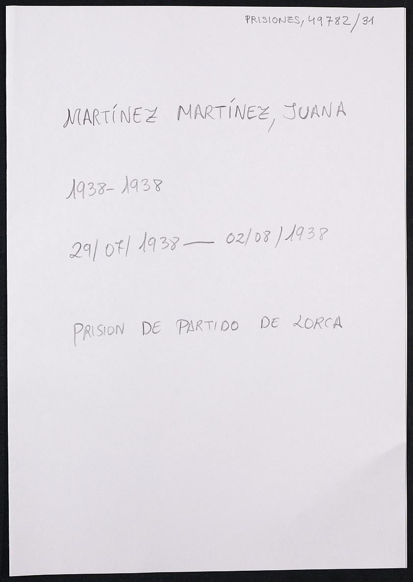 Expediente personal de la reclusa Juana Martínez Martínez